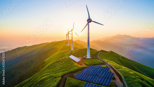 Wind turbines and solar panels on green mountain at sunset for renewable energy with power generatio