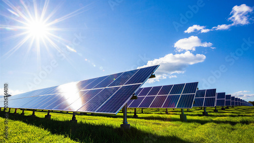 Foto Rows of solar panels in large scale renewable energy farm under clear sky with r