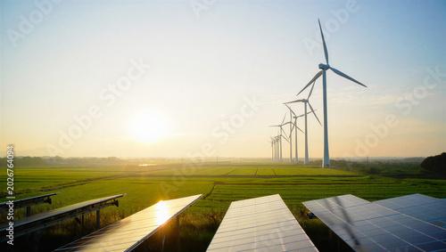 Bild auf Leinwand Solar panels and wind turbines renewable energy field with turbines renewable el