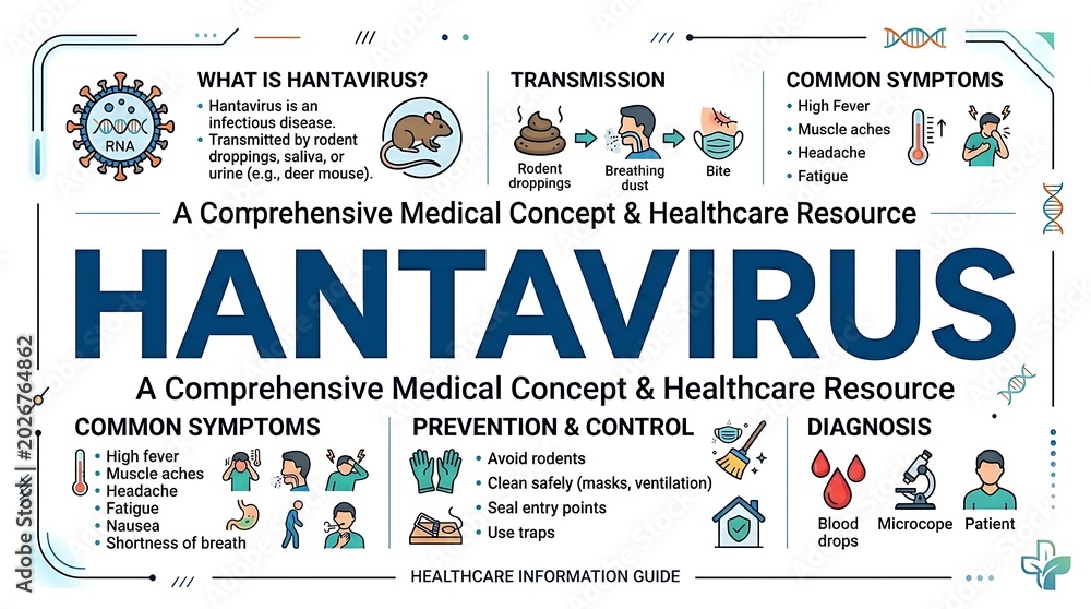 Naklejka premium Comprehensive medical infographic about hantavirus symptoms transmission and prevention tips explained clearly