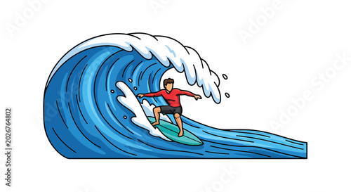 Obraz na plátně A male athlete riding a massive ocean tide on a surfboard demonstrates balance a