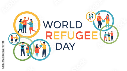 Fotografia World Refugee Day: A vibrant illustration celebrating World Refugee Day, depicting diverse groups of people in colorful circles, symbolizing unity and support for refugees globally