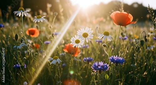 Wildflowers in Sunlit Meadow with Butterflies and Bees in Summer Nature Scene