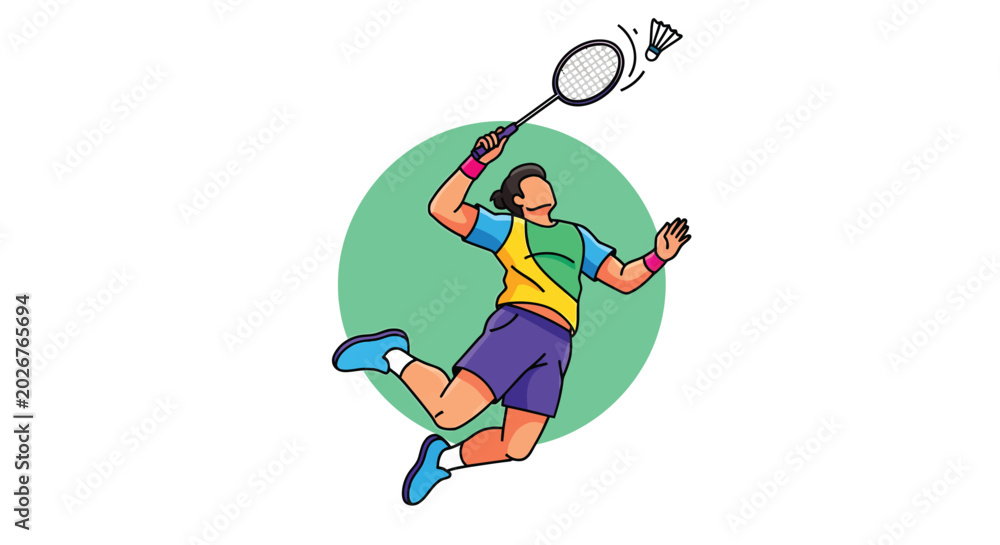 Fototapeta premium Athletic badminton player jumping high while swinging racket to strike birdie shuttlecock during competitive match play in tournament event representing active lifestyle and healthy summer sport