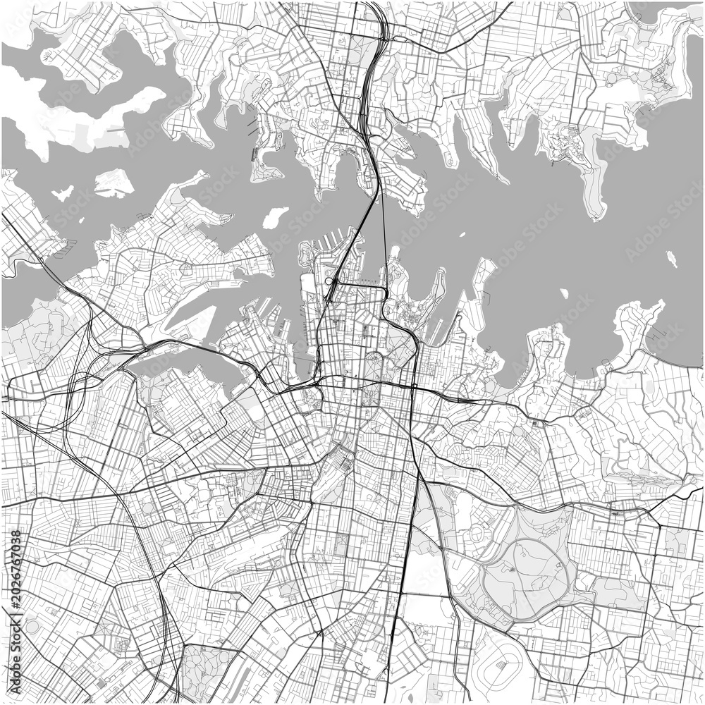 Fototapeta premium Sydney City Street Map Poster Print JPG Technical Stark Black White Grey Wall Art
