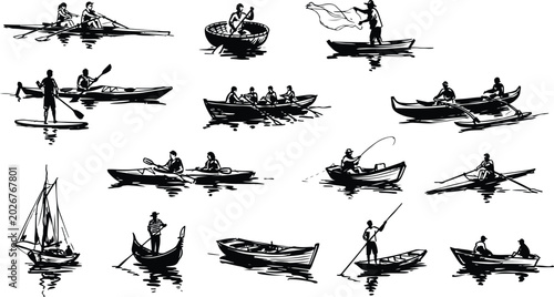 Foto Vintage boat silhouettes collection, black and white nautical vessel set, tradit