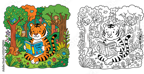 Photography Adorable Cartoon Tiger Reading a Storybook in a Lush Jungle with Forest Animals