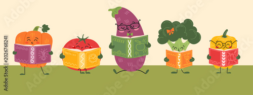 Cute vegetables reading books horizontal banner. Cute school elements border with pumpkin, tomato, eggplant, broccoli and pepper for children education, cooking recipe and farming design.