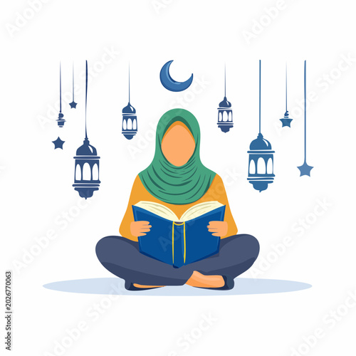 Woman in Hijab Reading Book Under Ramadan Lanterns and Crescent Moon