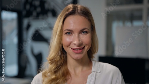 Close up Caucasian cheerful business woman positive middle-aged businesswoman smile face in office adult carefree smiling female company worker entrepreneur smile looking at camera lady employer agent