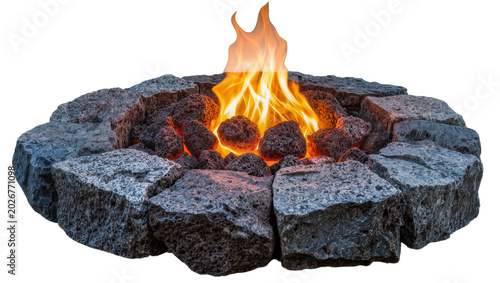 Foto Stone fire pit with glowing lava rocks and bright flames, isolated on transparen