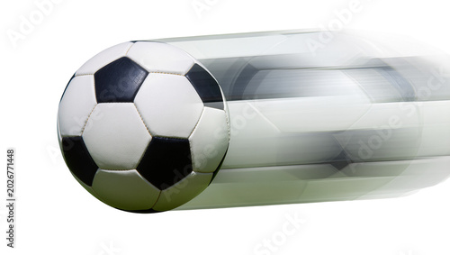 Bild auf Leinwand Classic black and white soccer ball in motion, isolated on transparent backgroun