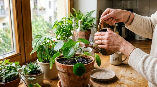 Person Watering Indoor Plant in Cozy Home Environment with Greens
