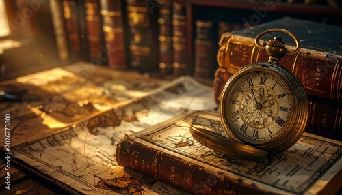 Close up of an antique pocket watch resting on a classic leather-bound book with old maps and books in background book collection knowledge education discovery