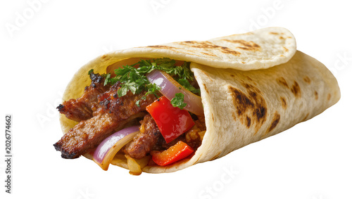 Fotografía Savory beef fajita wrap with grilled steak onions peppers and cilantro, isolated