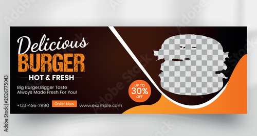 Delicious burger restaurant banner template with orange wavy shapes
