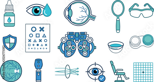 Schilderij op canvas Eye Care and Vision Test Icon Collection with Ophthalmology Equipment, Contact L