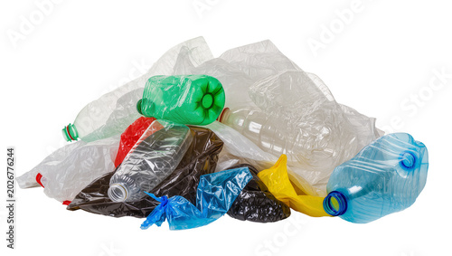 Tableau sur toile Pile of colorful plastic bottles and bags, isolated on transparent background