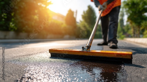 Stunning photo of person sealing driveway with squeegee applicator tool in sunny day. Driveway asphalt sealcoating protects pavement, prevents fractures. Maintenance worker.