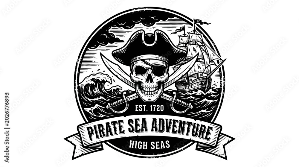Fototapeta premium Pirate Skull Emblem with Ship and Waves - Vector Art