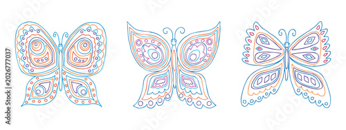 Butterflies contour drawings abstract colorful decorative, vector illustration isolated on white background
