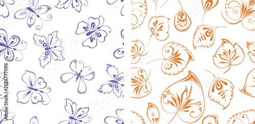 Seamless patterns outlines decorative butterflies and leaves, vector backgrounds, wallpaper, fabric, print, paper, textile