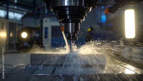 CNC milling machine processing on steel with cooling, coolant milk in the metal
