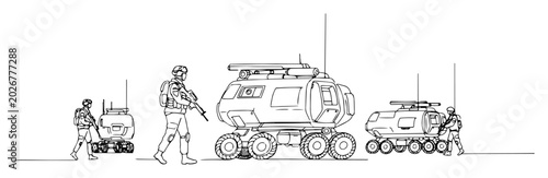 Quadro su tela futuristic armored transport vehicles with soldiers outline