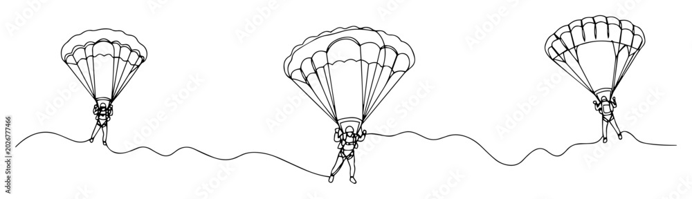 Naklejka premium paratroopers landing with parachutes outline illustration