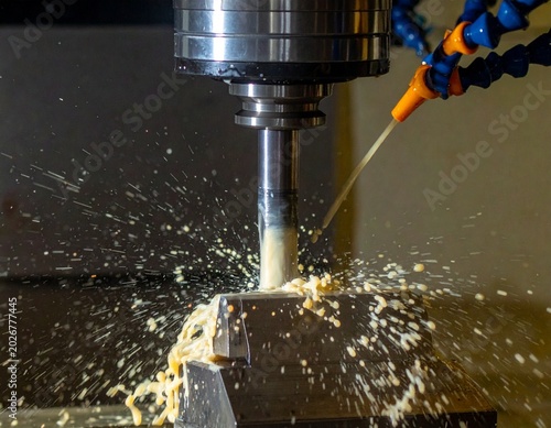 CNC milling machine processing on steel with cooling, coolant milk in the metal