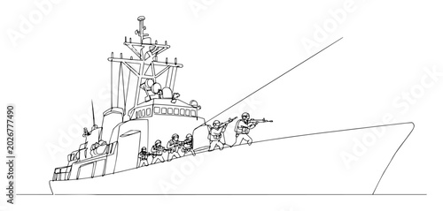 Foto naval ship with armed soldiers in combat readiness