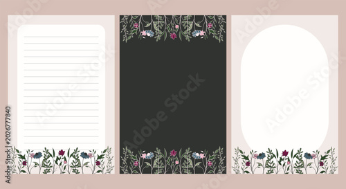 Hand Drawn Wildflower Botanical Note Card and Memo Template Set
