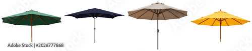 Foto Four patio umbrellas in different colors: green, navy blue, beige, and yellow, isolated on transparent background