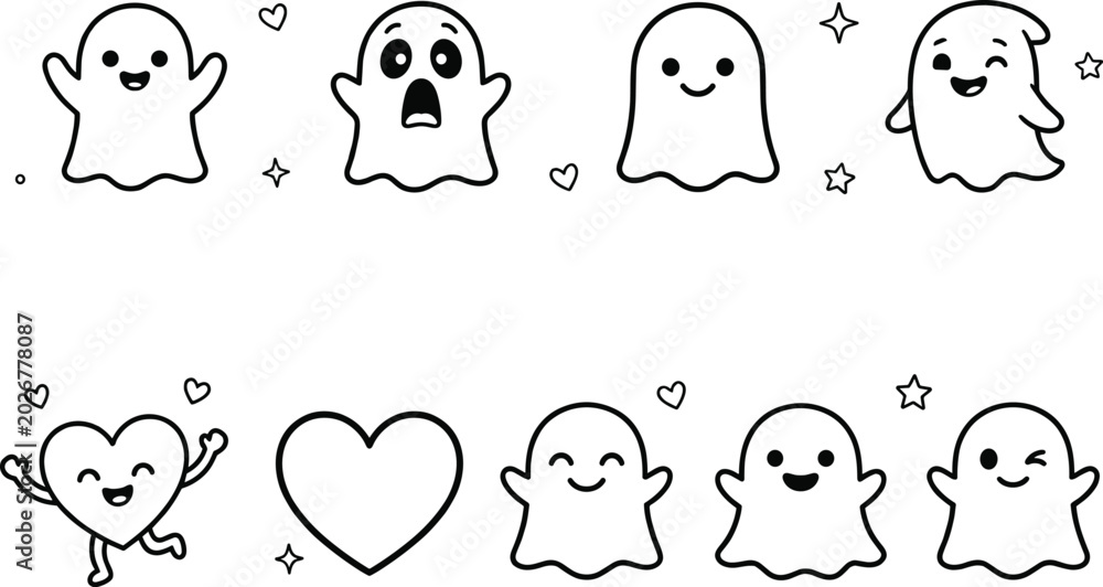 Fototapeta premium Cute cartoon ghost and heart character collection featuring friendly halloween spirits with different facial expressions, linear doodles, starry sparkles, and cheerful vector holiday symbols.