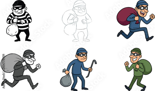 Photos Cartoon thief character vector set with masked burglar carrying money bag running away holding crowbar isolated on white background for crime security design