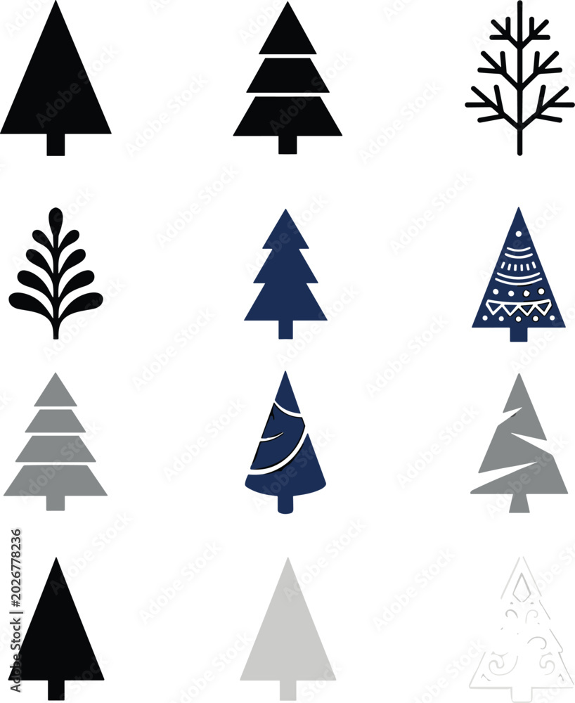 Obraz premium Minimalist Christmas tree icon vector set with flat geometric spruce silhouettes and winter holiday pine symbols isolated on white background