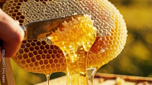 Beekeeper Uncapping Honeycomb with Tool as Fresh Honey Drips Down