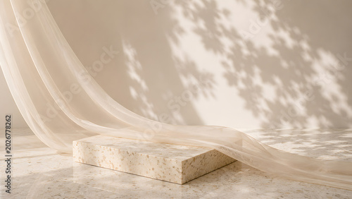 Elegant cosmetic podium setup with soft beige fabric drape and botanical shadow lighting in studio scene.