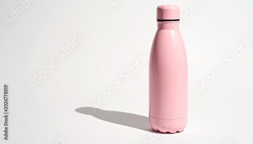 Pastel pink metal water bottle standing on white surface with shadow, reusable