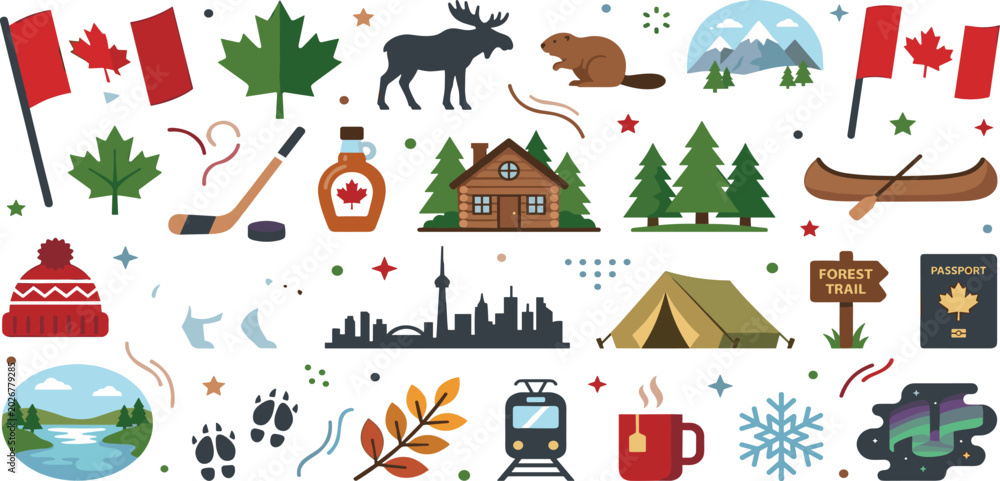Naklejka premium Canada travel icons set featuring maple leaf flag moose beaver mountains cabin and outdoor adventure symbols.