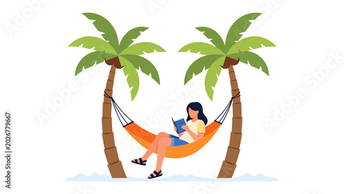 Bild auf Leinwand Relaxing Vacation Vibes: A young woman enjoys a peaceful moment reading a book while lounging in a colorful hammock strung between two tall palm trees on a tropical beach
