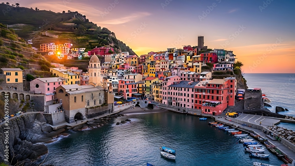 Obraz premium Colorful houses on a hillside by the sea at sunset, Cinque Terre, Italy