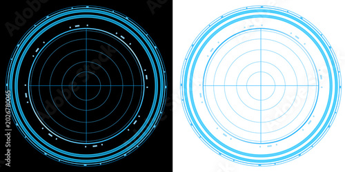 Photos Radar futuristic circular scanning interface with glowing blue rings and digital