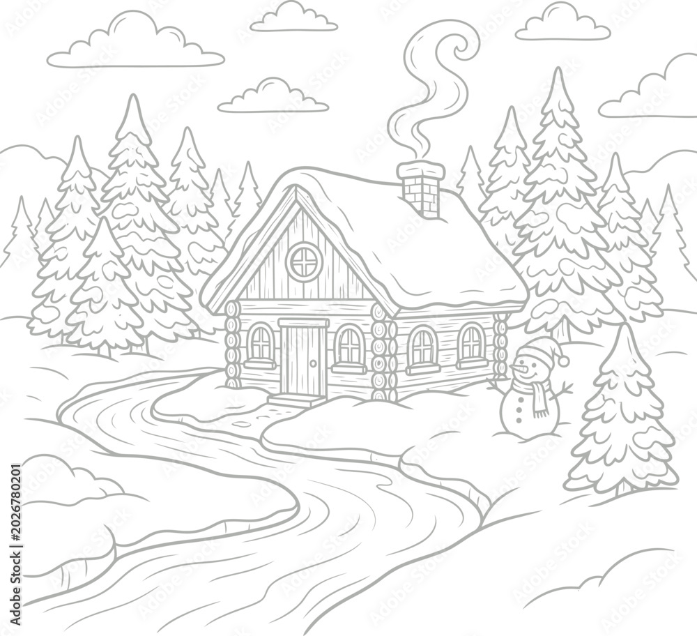 Naklejka premium Cozy winter log cabin with snow-covered roof and surrounding pine trees, line style winter cabin snowflakes