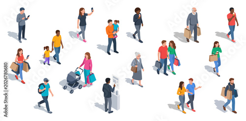 Photography Diverse mall crowds walking and shopping with bags and strollers | Isometric vec