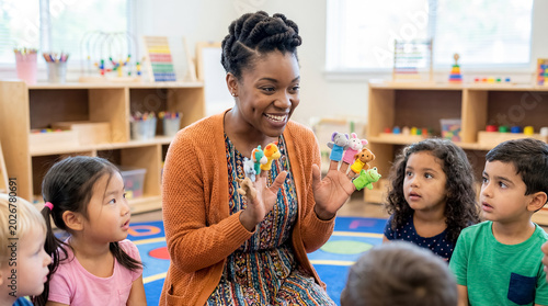 african american female preschool teacher young children kids daycare classroom diverse playful mentor warm preschool teacher sitting with circle of toddlers playing with colorful blocks for early