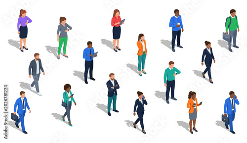 Diverse business people standing and walking while using phones and digital tablets | Isometric vector illustration of diverse corporate professionals