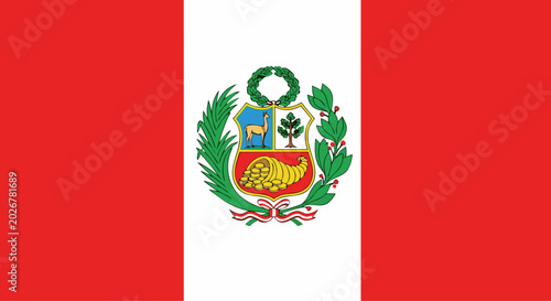 Peruvian flag with national coat of arms on vertical stripes