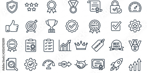 Schilderij op canvas Quality assurance and success outline icon set with badge award and approval sym