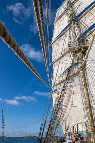 Low angle view of mainmast tied with intricate ropes on traditional tall ship
